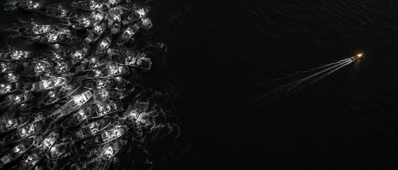 Night ocean from above: dozens of boats crowded together on the left, one boat alone in open water on the right.